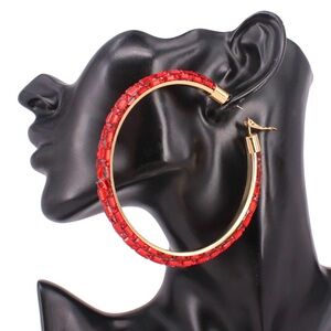 Red Oversized Baguette Rhinestone Embellished Hoop Statement Earrings